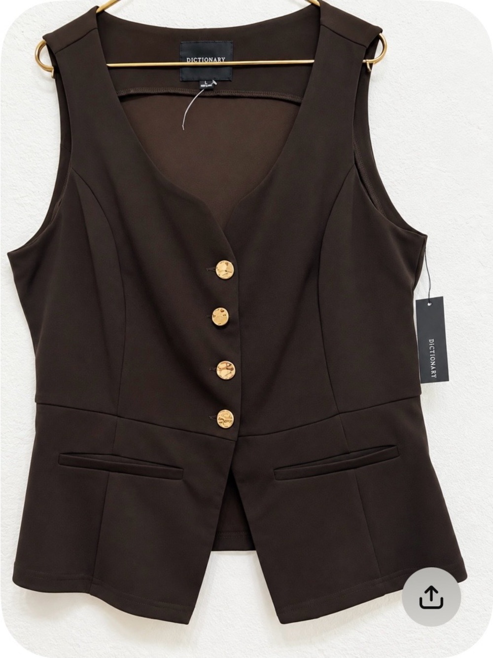 Dictionary Sleeveless Tailored Vest in Dark Brown with Gold Buttons